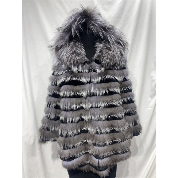 Fox Jackets & Blazers - silver fox w/ rex rabbit cape detachable hood Horizontal Design (117052)
